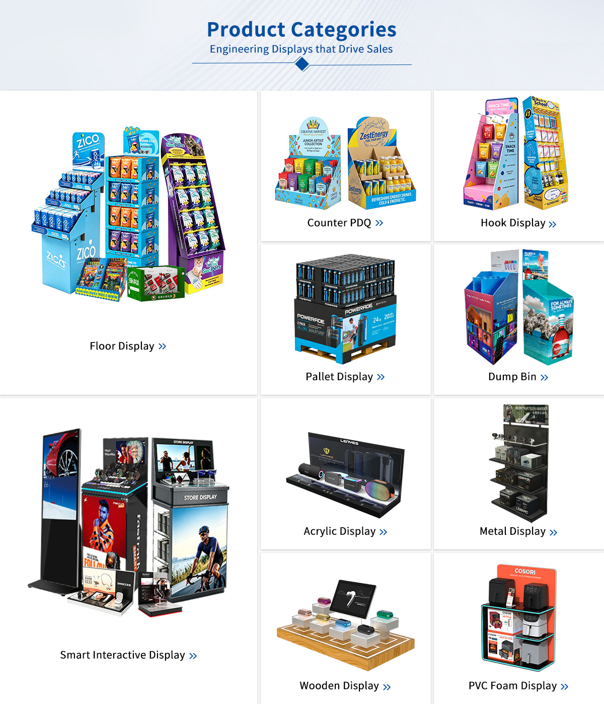 Custom retail POP displays: floor, counter, hook, pallet and smart interactive formats
